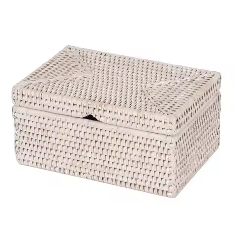 La Jolla Rattan Storage Box, White Wash, Small Handmade Organizer for Wet Wipes, Jewels & Memories