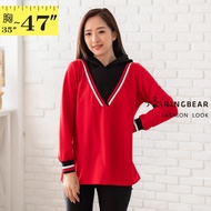 Sports Casual Style Contrast Color Ribbed V-Neck Cuffs Fake Two-Piece Hooded Long-Sleeved Top (Red L