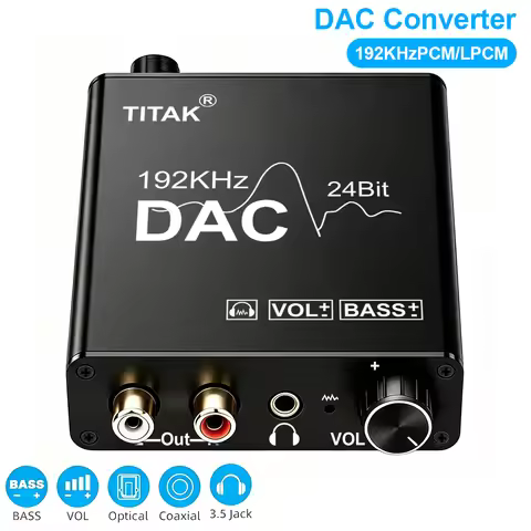 192KHz Digital to Analog Audio Converter DAC SPDIF Optical to Analog L/R RCA,Toslink Optical to 3.5m
