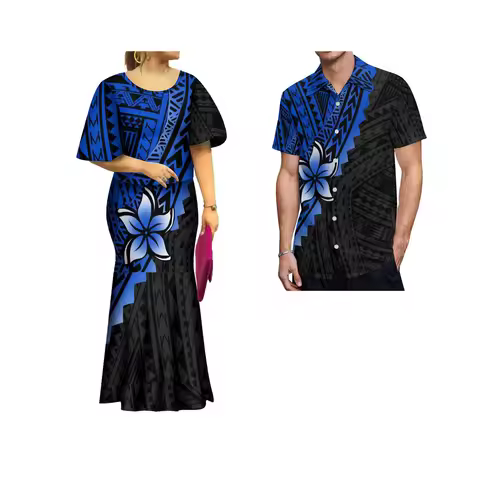 2022 New Samoan Puletasi Set Monstera Leaf Print Bat Sleeve Ptaha Blue Polynesian Top Maxi Fishtail