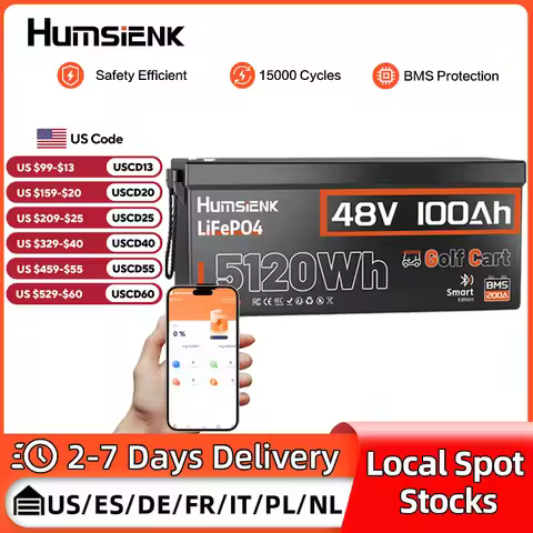 HumsiENK LiFePO4 Battery 48V 100Ah Designed For Golf Cart 200A BMS 5120Wh Smart Bluetooth Monitor Wi