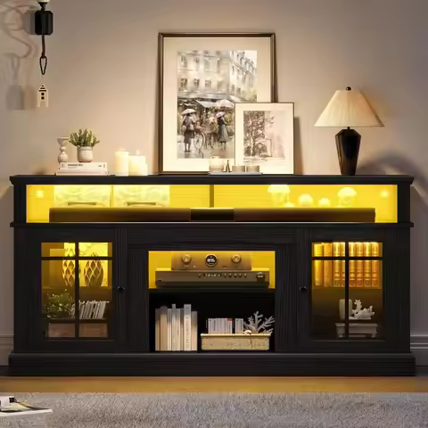 LED 75 Inch TV Stand with Adjustable Shelves and Glass Doors, 32'' Tall Television Stands TV Media C