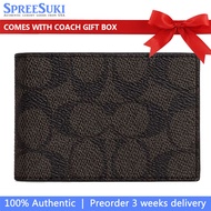 Coach Men Men Wallet In Gift Box Compact Billfold Wallet In Signature Canvas Walnut Black # CW368