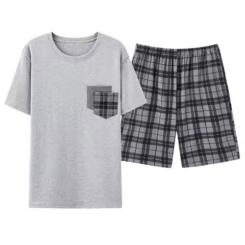 Men Pajamas Short Sleeve Shorts Cotton Plaid O-neck Sleepwear Men Summer Home Clothes Big Yards L-4X
