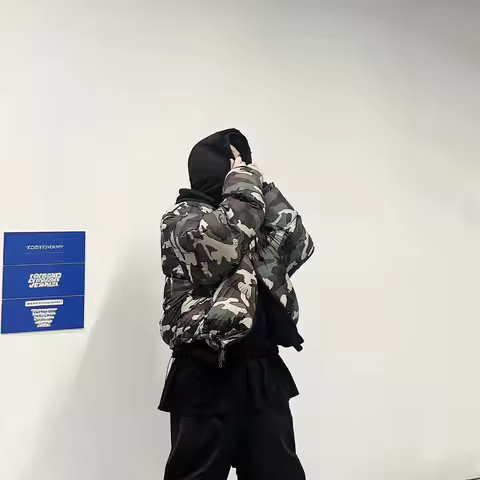 Project G/R New Dark Green Camouflage Double-Sided Reverse-Wear Retro Zippered Hooded Cotton Coat Am