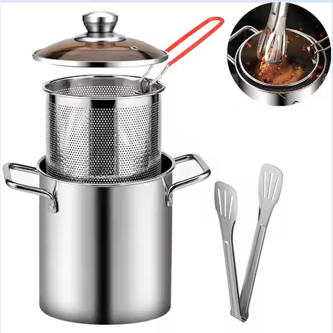 Deep Fryer Pot 304 Stainless Steel Fry Pot with Basket and Lid Food Grade Deep Fryer Multifunctional
