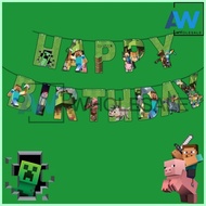 ≥ ⋃ PS-441 [1 set] Minecraft Banner Happy Birthday Character Banner Minecraft Theme Birthday Party