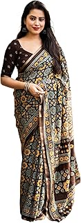 Women's Cotton Saree With Ajrakh Print and Blouse Piece, Brown, Free Size, Brown, One Size