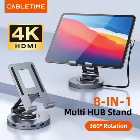 CABLETIME 360° Rotating Stand with USB C Hub 8 in 1 Dock HDMI 4K 60Hz PD 100W USB 5Gbps SD TF for iP