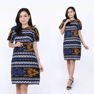 Baju Batik Pasangan Pria Wanita Dewasa Model Dress Tali samping Lengan Pendek Motif Songket Biru - B