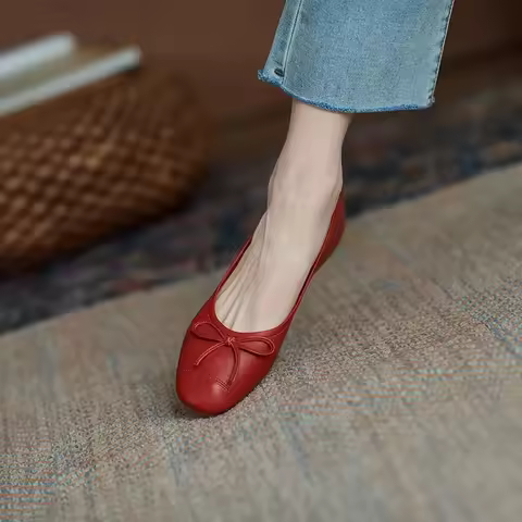 Red With Bow Luxury Leather Casual Kawaii Flat Cute Moccasins Flats Ladies Footwear Women's Shoes Ro