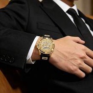 Gold-Black Contrast Crystal Embedded Dial Men's Watch, Silicone Strap Fashion Wristwatch, Brand Gift