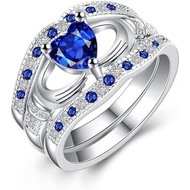 Uloveido 3 Pieces Irish Claddagh Celtic Knot Eternity Design Ring Simulated Sapphire Blue Heart CZ C