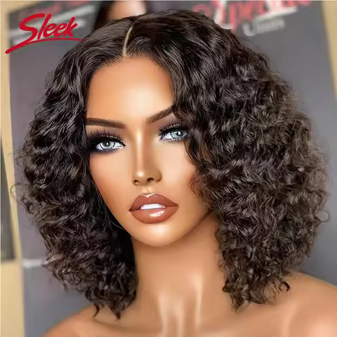 Sleek Brazilian Water Remy Deep Curly Hair Bob Wigs Natural Black Color T Lace Front Part Bob Wigs 2