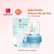 Horigen Portable Baby Bottle Cleaner Brush Set 6-in-1 with Drying Rack Silicone Non-Toxic Soft Brist