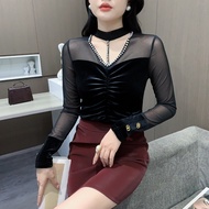 Yimei Thời Trang Mới dài tay Thiết Kế Hàng Đầu Với Lưới Nhung Cơ Sở Đẹp Nail Bead V Cổ áo thun màu đ