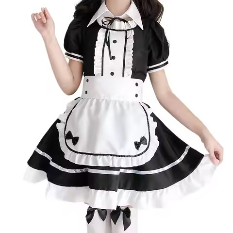 Maid Waitress Costume Sweet Lolita Apron Dress Mini Dress Short Sleeves Women Girls Cute Ouji Anime 
