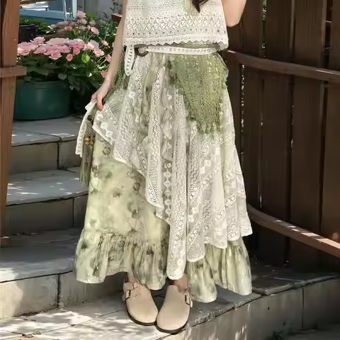 Vintage Tie Dye Printed Skirt Women Asymmetrical a-Line Skirt Elegant Lace Patchwork Midi Skirts Sum