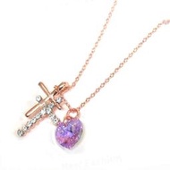 玫瑰金十字架與紫色施華洛世奇愛心吊墜項鍊