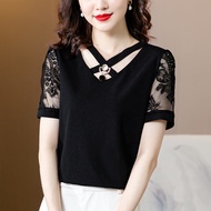 Short-sleeved chiffon shirt women 2023 summer women s clothing new Korean version of women s short shirt lace top T-shir