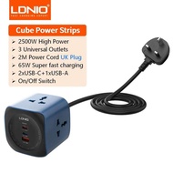 LDNIO ปลั๊กไฟลูกบาศก์65W พร้อมการป้องกันไฟกระชาก2M สายไฟต่อหลายช่อง EU/UK/ปลั๊ก US USB C พอร์ตเร็วปล
