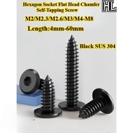 [HL-ZGLS] Black SUS304, Hexagon Socket Flat Head Chamfer Self-Tapping Screw, M2/M2.3/M2.6/M3/M4-M8, 