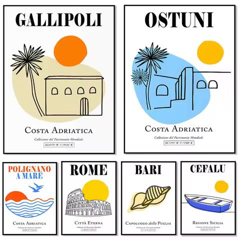 Cefalu, Sicily, Bari, capital of Puglia, Polignano a Mare, Puglia, Ostuni, Apulia, Assisi, Umbria, I