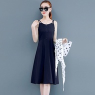 LOMOGI Women Summer Dress+blouse Shirts 2 Piece Set Sleeveless Polka Dot Dress Middle Dress