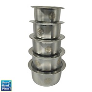 Classic 5pcs Stainless Steel Mirror Finishing Food Serving Pot With Lid Laser Printed Biryani Handi 