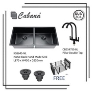 Cabana KS8645-NL Nano Black Hand Made Sink + CB2547BL Double Pillar Tap with Sink Basket