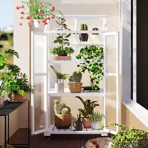 Wood Greenhouse ,for Outdoors Indoors, 3 Tier Shelves and Adjustable Roof, 32" W X 22" D X 62" H, Gr