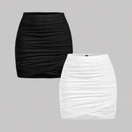 2pcs Women's Solid Color Pleated Bodycon Skirt,Black And White,Summer,Girly,Night Out,Spring Break,V
