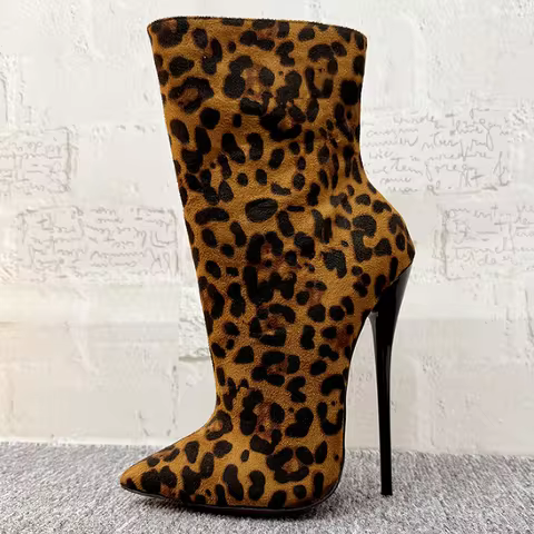 CACA 16cm High Heels Women Ankle Boots,Pointed Toe Short Botas,Leopard Winter Shoes,Bed Cosplay,Side