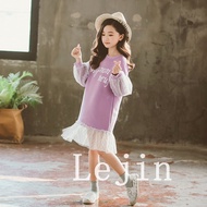 Baju Kid Girls Dresses Polka Dot Princess Dresses Purple Korean Fashion Mesh Long Sleeves t-Shirt Sk