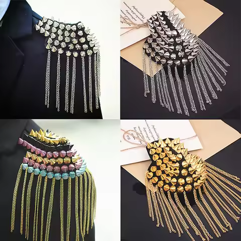 1Pc Jacket Vintage Brooch Accessories Chain Tassel Rivet Shoulder Pad Club Epaulette Rivet Shoulder 