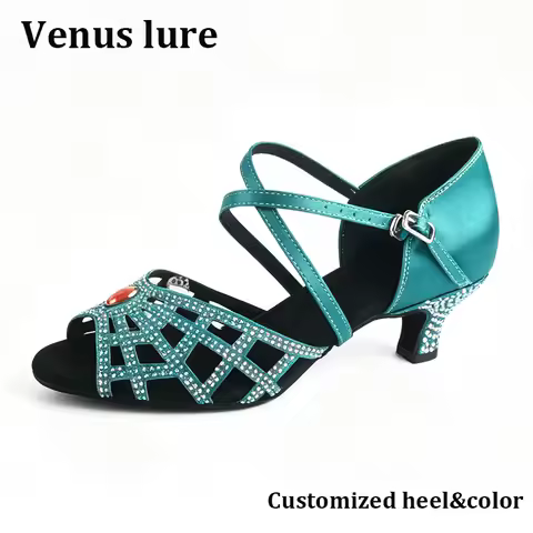 5CM Olive Green Low Heel Soft Dance Shoes 6 Crystal Suede Sole Latin Ballroom Salsa Girls Women Danc