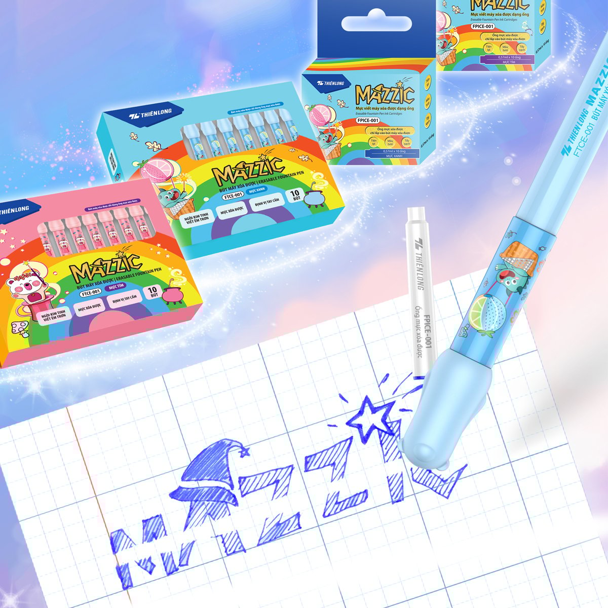 Combo 5/10 Hộp mực xóa được Mazzic Thiên Long FPICE-001 -  Mực không lắng cặn sử dụng cho bút máy xó