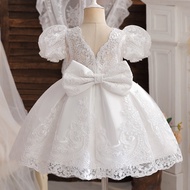 Baby Bow Birthday Princess Dress Elegant Girl Embroidery Flower Beaded White Baptism Tutu Gown Ki