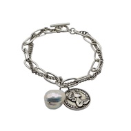 Womens Bracelet Natural Freshwater Pearl Jewellery Large Baroque Pearls Vintage Silver Coin Pendant