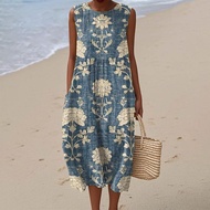 Floral Elements Shaded 3D Printed Sleeveless Women's Dress