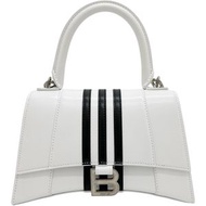 二手BALENCIAGA 593546 Adidas 合作款 Hourglass 小號兩用單肩包/手提包，白色/黑色皮革，銀色五金配件。