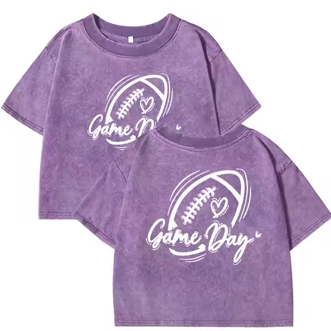 Rugby Game Day Sport Print Washed Slim T-Shirt Women Casual Crewneck T Shirt Street Hip Hop Short Sl