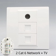 3 in 1 Wall Socket 86 Type 2 Port CAT6 RJ45 Gigabit LAN + 1 TV Coaxial CATV Combo Wall Faceplate Dua