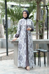 baju gamis batik wanita terbaru kombinasi polos jumbo modern - pari abu xxl
