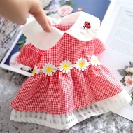 DY Loving Summer Cotton Korean Grid Embroidery Daisies Lady Dog Dress Dog Clothes