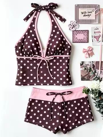 Dot Bikini Set Pink and Brown Tankini Swimsuit 2000s Women's Bikinis and Tankinis Cute Y2k Swimsuits