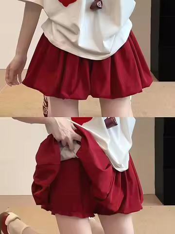 Red Petal Hem Bloom Skirt Women Summer Lightweight High Waist Flattering Fit Anti-Slip Lining Petite