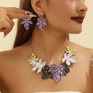 Green/Purple Maple Leaf Alloy Necklace Set Jewelry Exaggerated Leaf Necklace Earrings Jewelry Set