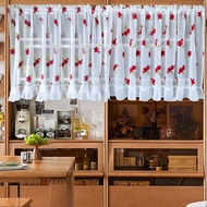 Romantic Red Floral Sheer Short Curtains with Ruffled Tier for Cafe Cabinet Kitchen Valance Linen Look Semi-Transparent Voile Half Curtain Casual Rod Pocket Doorway Curtain
