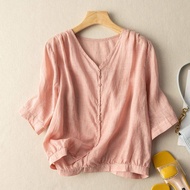 Thin V-neck womens minimalist vintage jacket summer loose fitting shirt
